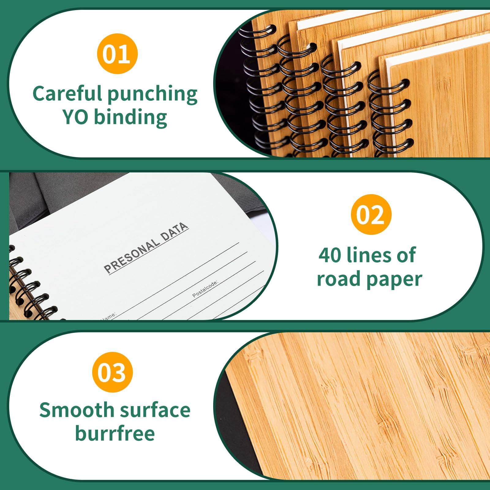 4 Packs Lined Bamboo Notebook Journals  Wooden Notebooks 80 Pages 5" * 7" Hardcover College Thick Paper Journaling For Work Women Men School