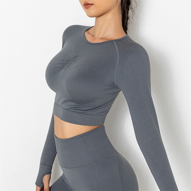 Womens Slim Fit Workout Crop Tops Casual Solid Color Crewneck Long Sleeve  Tight Yoga T-Shirt Sweatshirt Activewear 