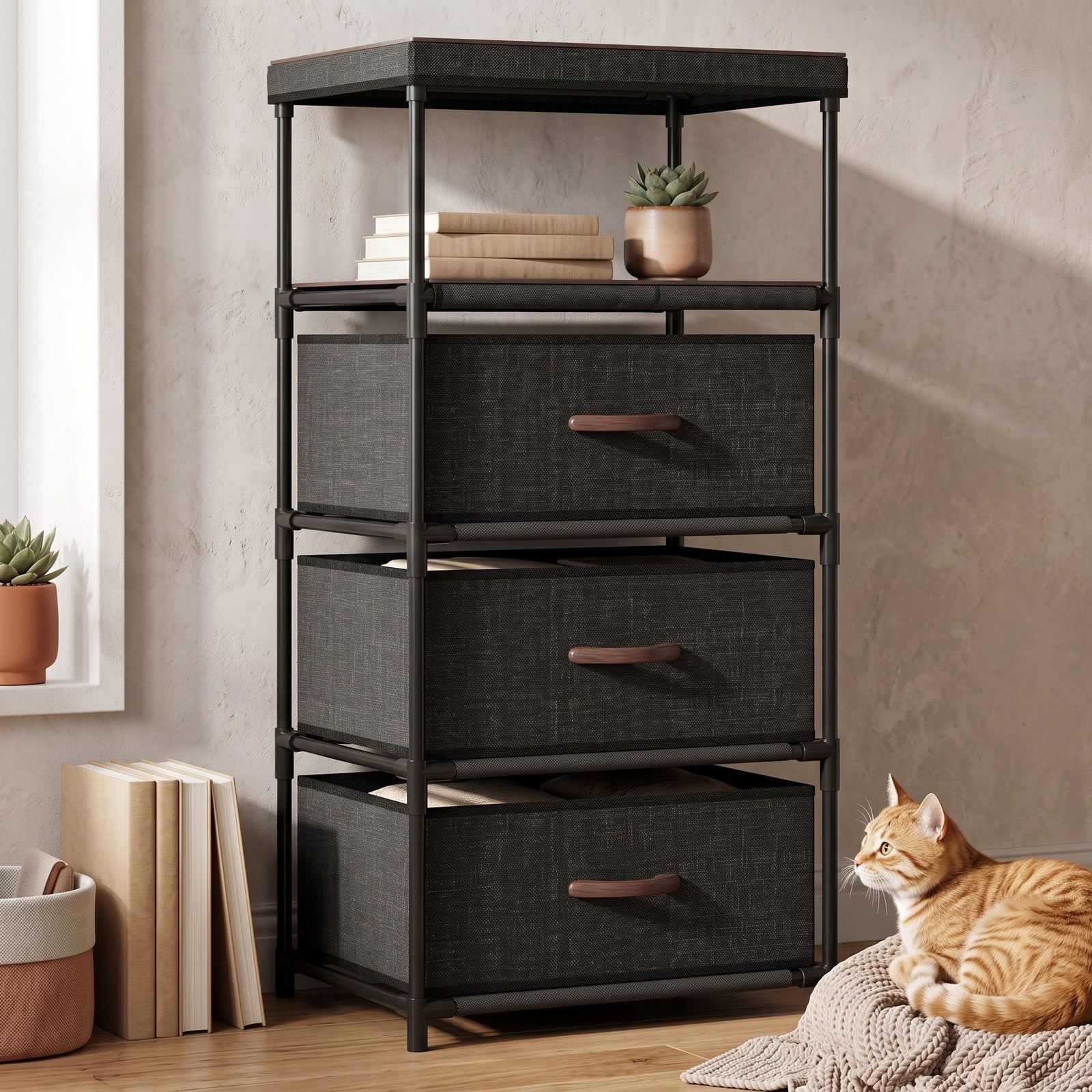 Furnibear 3-Drawer Fabric Storage Tower Dresser with Wood Top Open Shelf and Metal Frame for Bedroom Closet and Office, Black
