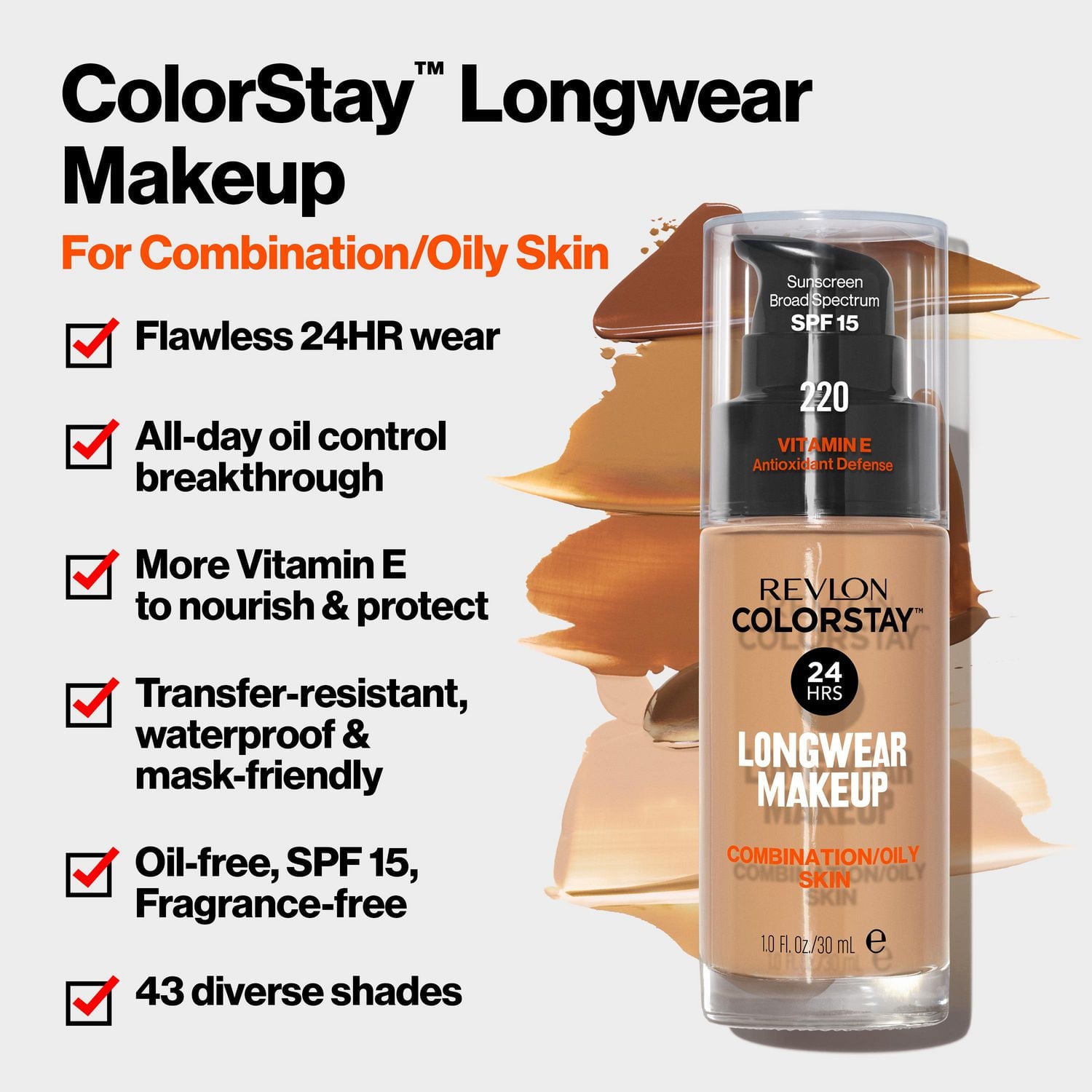 Fond de teint longue tenue Revlon Colorstay™ pour peaux mixtes à grasses, 30 ml Couvrance mi-mate FPS 15
