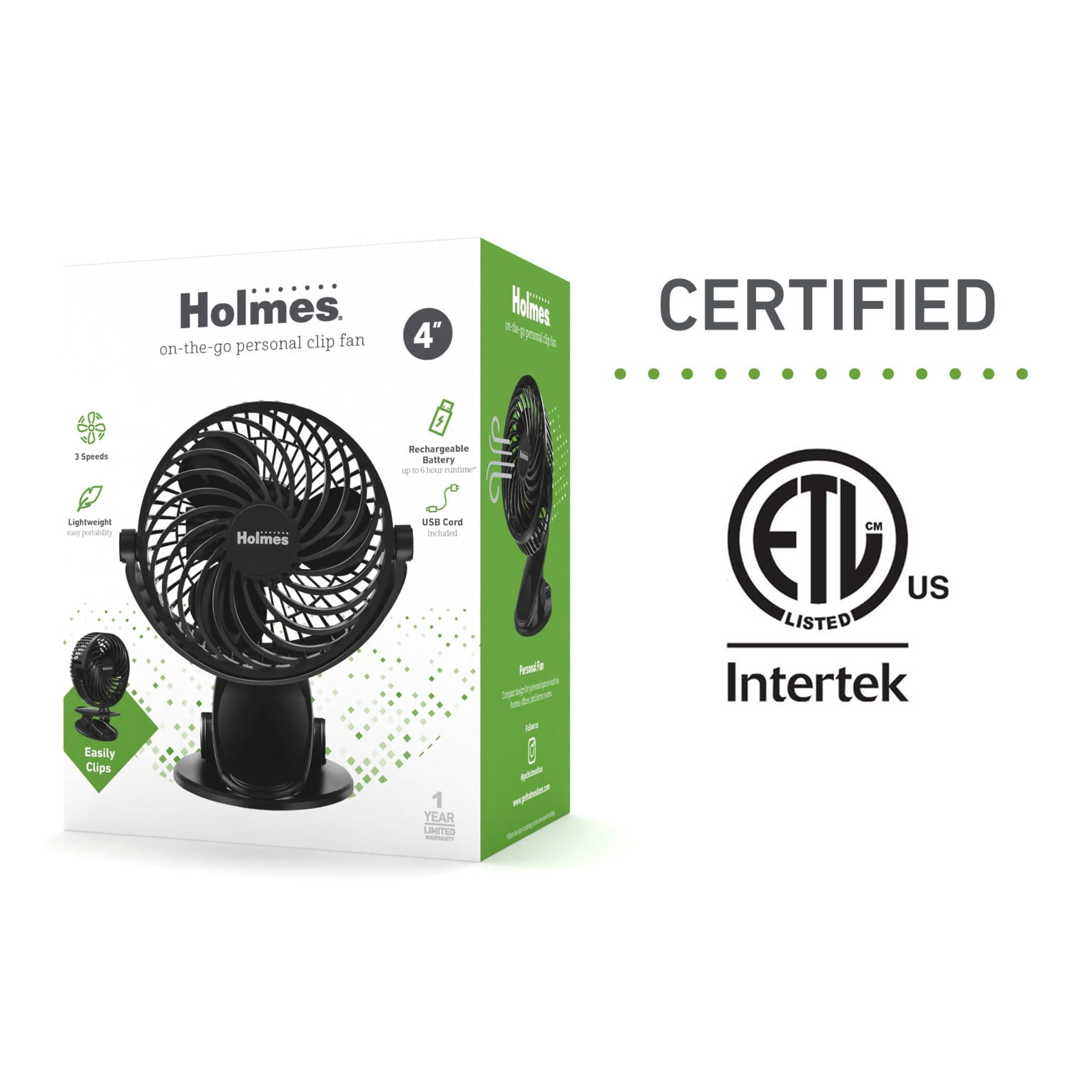 Holmes 4” Rechargeable Clip Fan, 360° Tilt, Strong Airflow, USB, Long Battery, Black