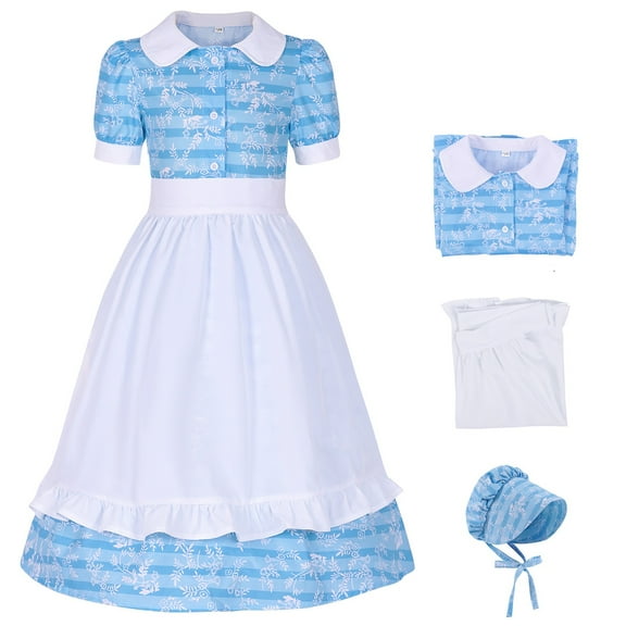 WOYY Toddler Girl's Garden Style Short Sleeve Dress with Apron Hat Long Dress, Sizes 4-12