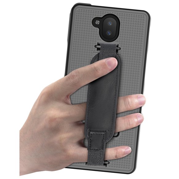 Case + Handstrap Combo for Sonim XP10 5G, Nakedcellphone [Grid Texture] Slim Hard Shell Phone Protector Cover with Kickstand for XP9900 (2022) - Black