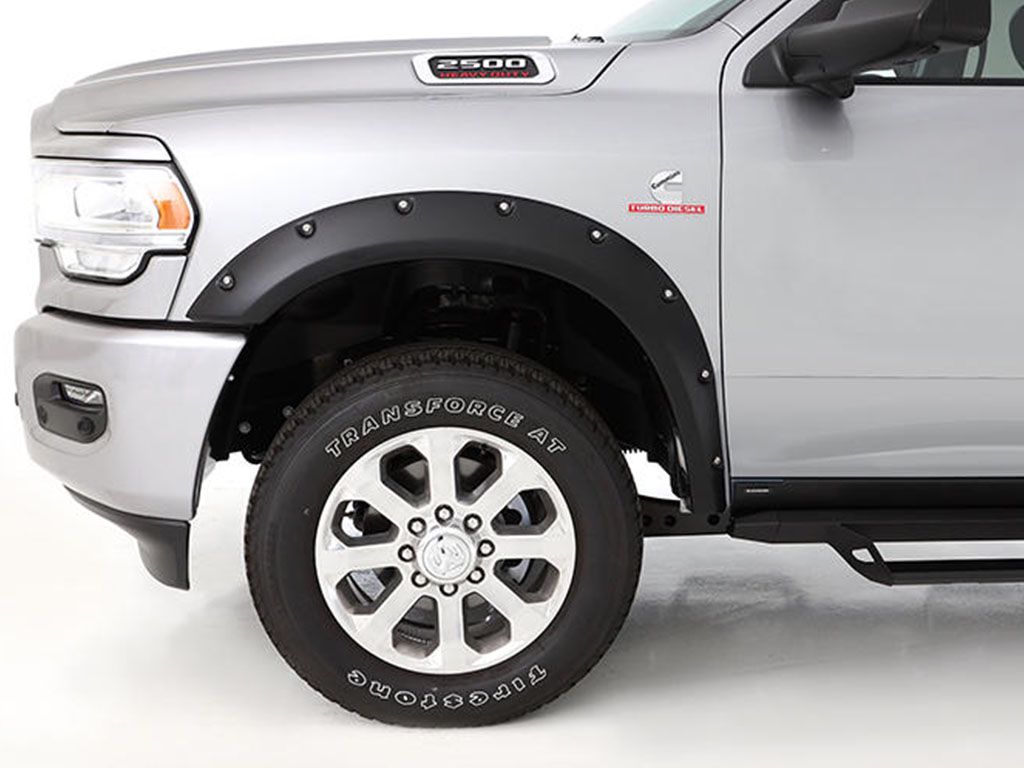 AM Autoparts Smooth Pocket Rivet Style Fender Flares Kit (Set Of 4) For 2002-2009 Ram 1500 / 2500 / 3500 Pickup - Black, Paintable