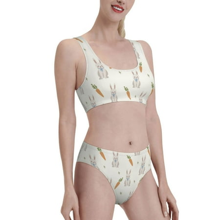 Uemuo Retro Rabbit Printed Women s High Waisted Bikini Sets Sporty Two Piece Swimsuits Color Block Cheeky High Cut Bathing Suits-