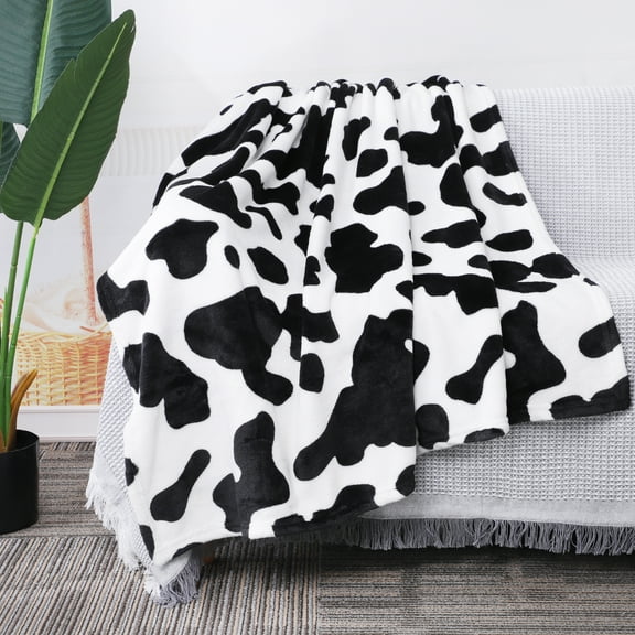 PiccoCasa Cow Printed Flannel Throw Blanket Soft 300GSM Black and White 51" x 59"