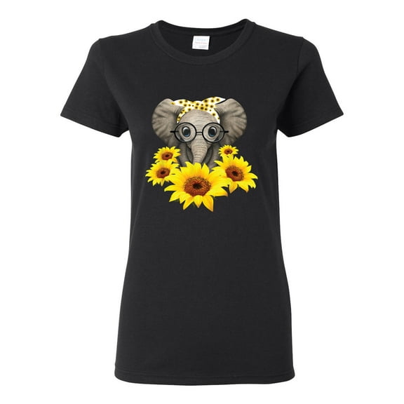 Elephant Sunflower Cute Love Animal Lover Womens Graphic T-Shirt, Black, Small