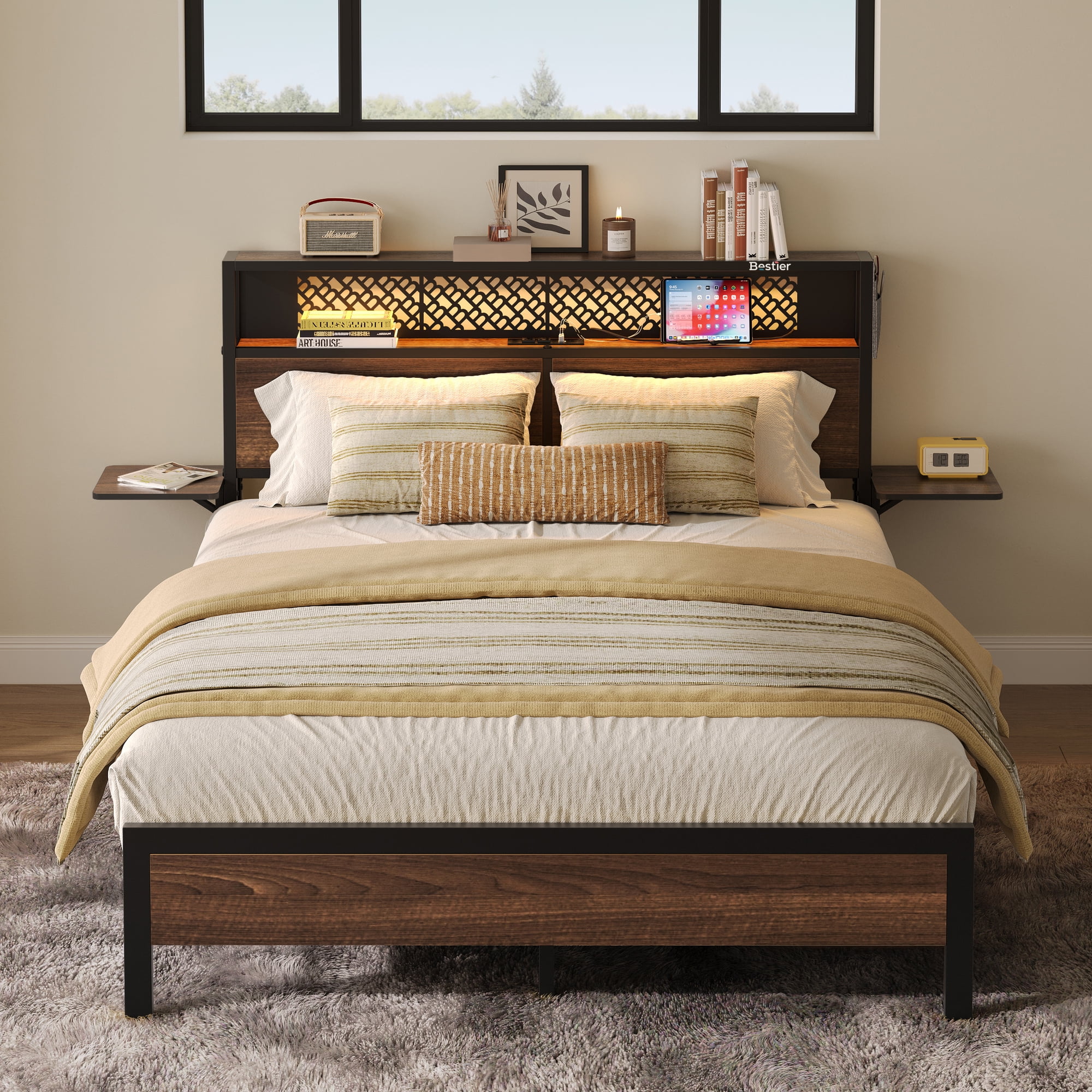 Bestier Queen Size Wood Platform Bed Frame with Foldable Bedside Shelves and LED Storage Headboard Charge Station, Walnut