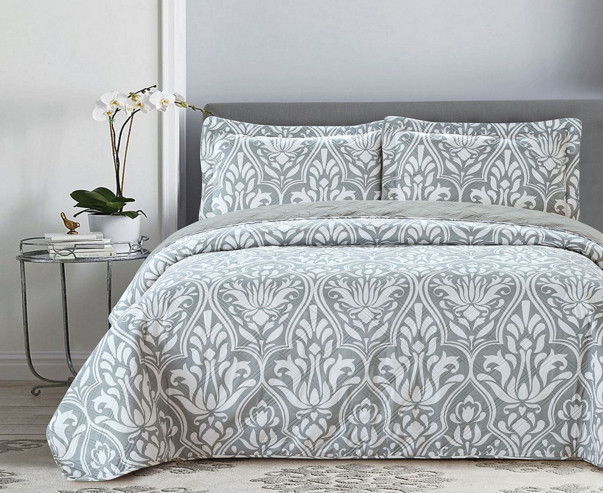 3 Piece Reversible Quilt Set King Grey Damask - Walmart.com
