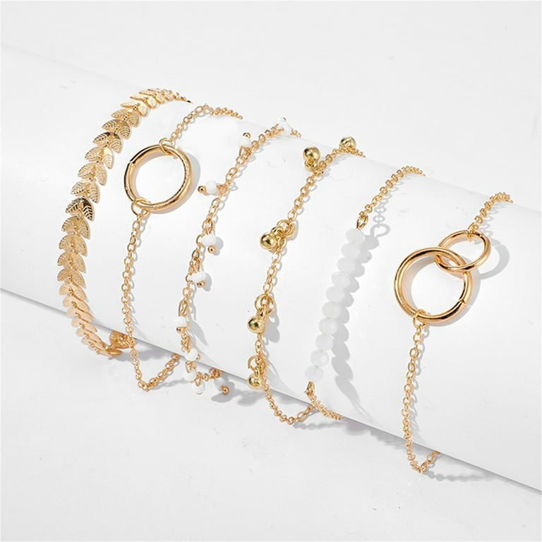 Bangle Bracelets for Women Silver - Stackable Bracelet Sets - 5 Beaded Bulk Bracelets