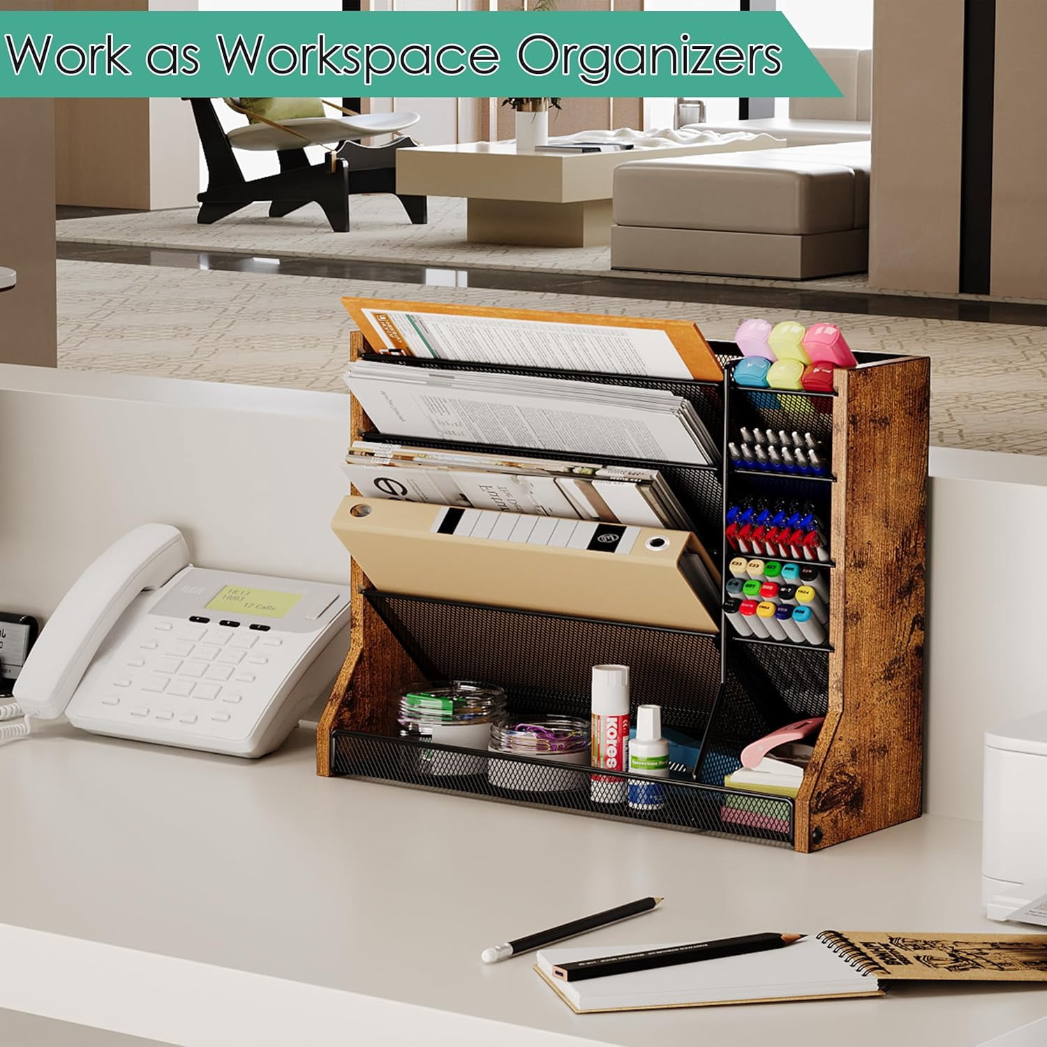 X-COSRACK 5-Tier Wall File Organizer, 2-in-1 Wood & Metal Hanging Folder Holder & Desktop Paper Sorter with Adjustable Dividers and Stable R-Shaped Base for Office & Home