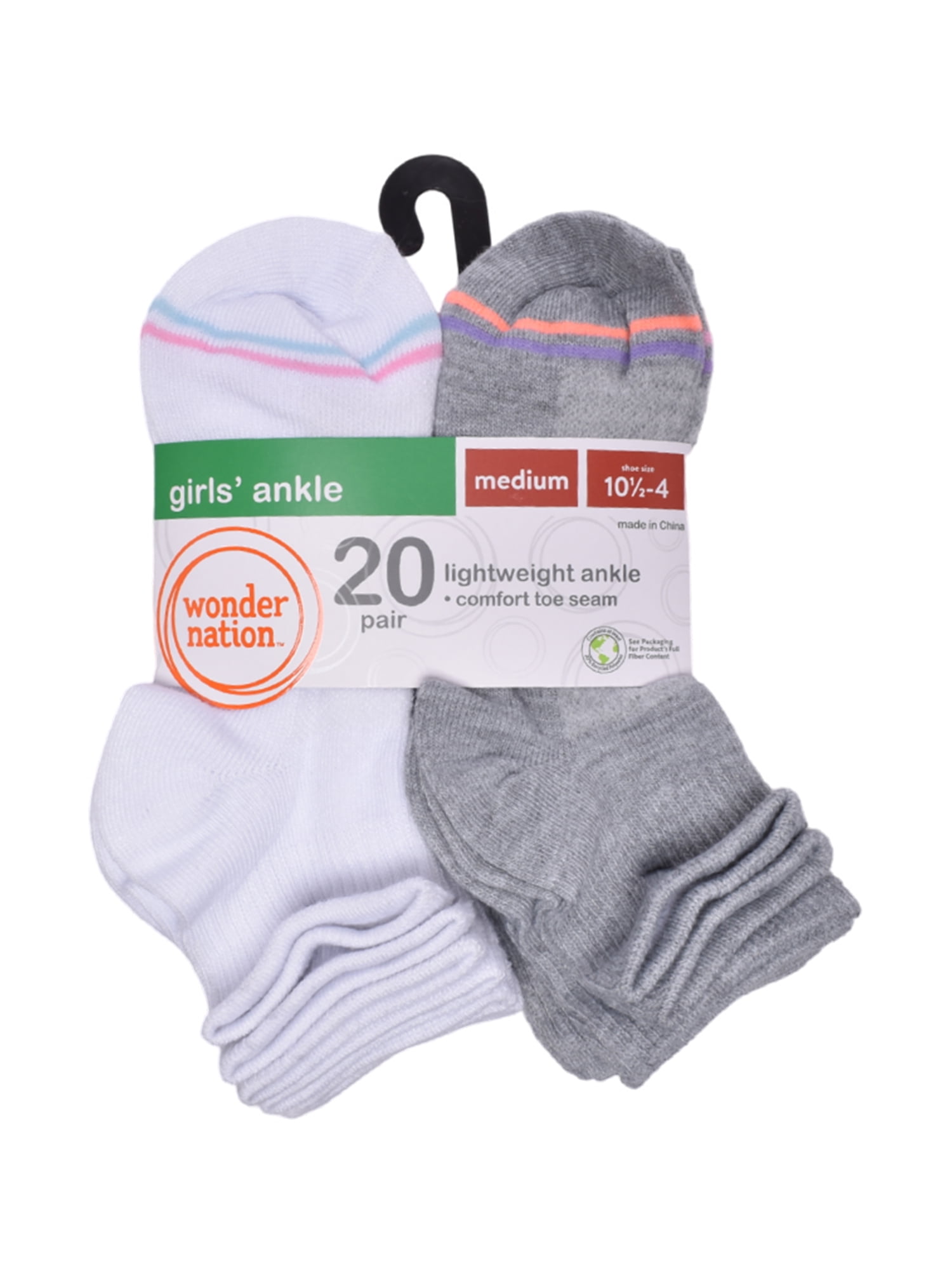 Wonder Nation Girls Ankle Sock, 20 Pack, Sizes S-L