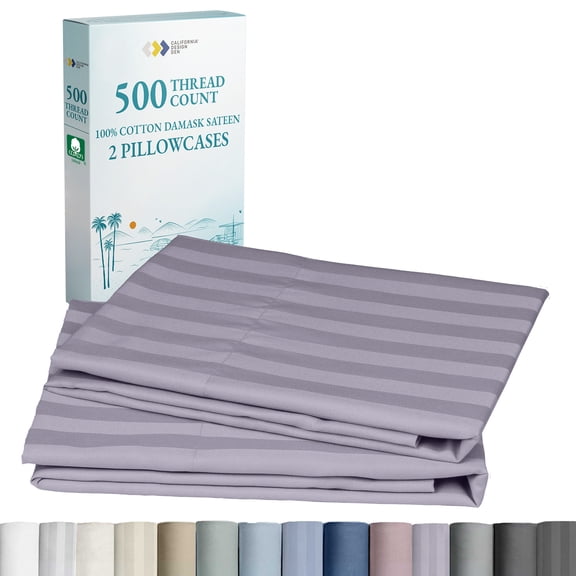 Soft & Silky 500 Thread Count 100% Cotton Sateen, Smooth With A Classic Opening, Set Of 2 King Pillow Cases (Damask Stripe - Lavender)