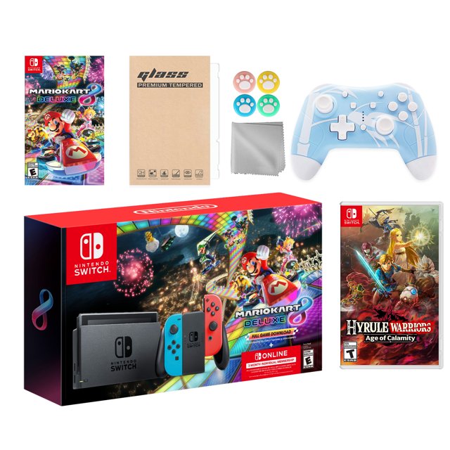 Nintendo Switch Mario Kart 8 Deluxe Bundle: Red/Blue Console, Mario Kart 8 & Membership, Hyrule Warriors: Age of Calamity, Mytrix Wireless Pro Controller Blue Bamboo and Accessories