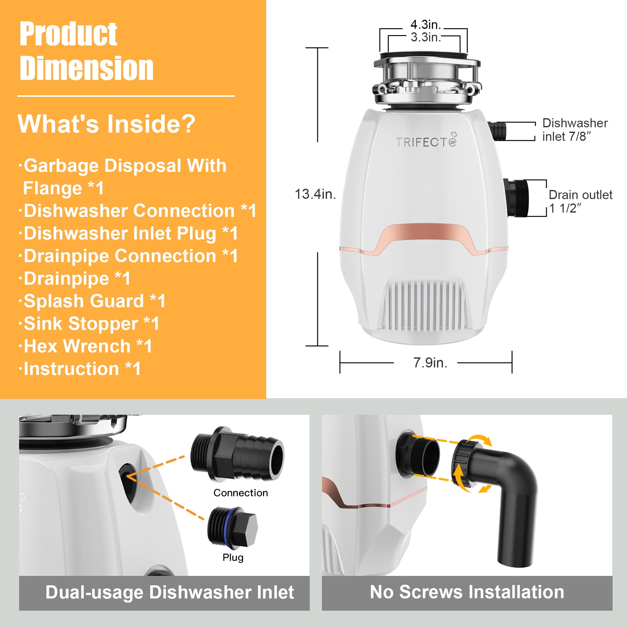 Trifecte 3/4PH Garbage Disposal, 3800RPM DC Motor Continuous Feed Food Waste Disposal with Power Cord