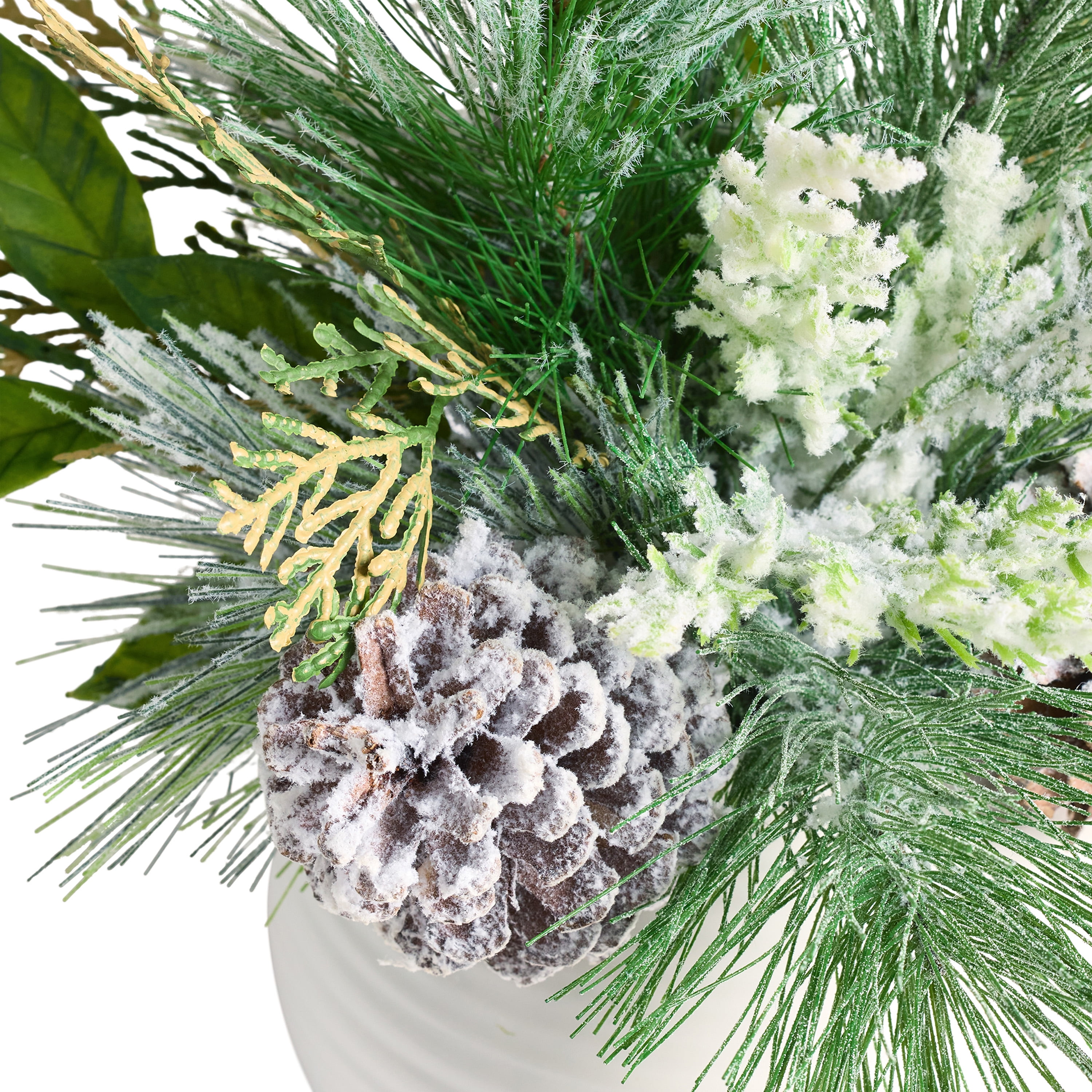 Better Homes & Gardens 13 in Artificial Frosted Pine in Ceramic Vase, Indoor, Green