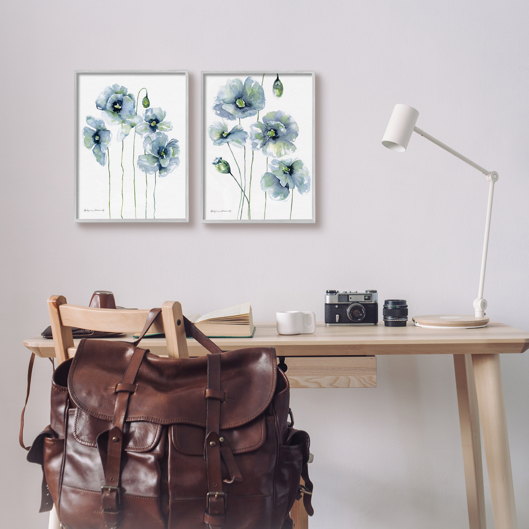 Stupell Blue Poppies Blooming Garden Flowers Botanical & Floral Painting Gray Framed Art Print Wall Art, Set of 2