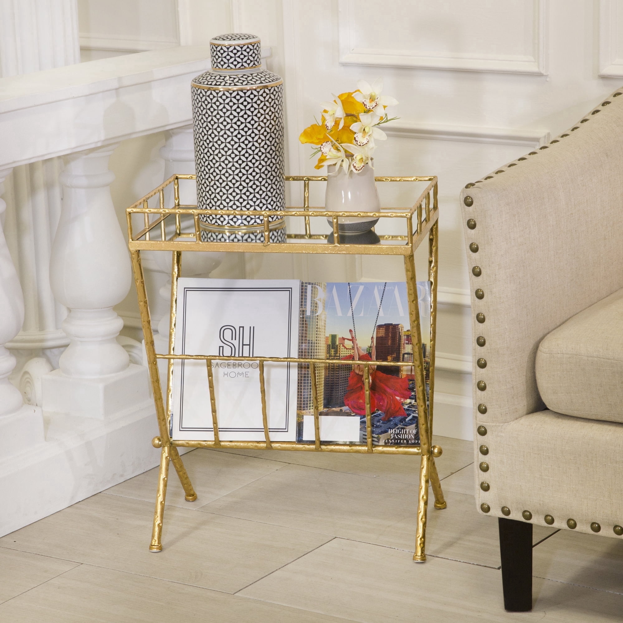 Sagebrook Home Glam Rectangle Mirror Accent Table for Home Decor - Bar Cart for Kitchen, Living Room, and Dining Room Styling - 23", Gold