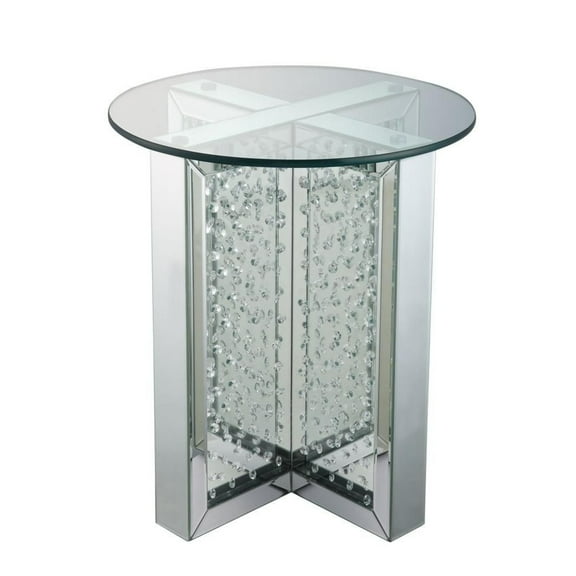 Round Mirrored Metal End Table with Glass Top and Crystal Accent Base Silver - Saltoro Sherpi