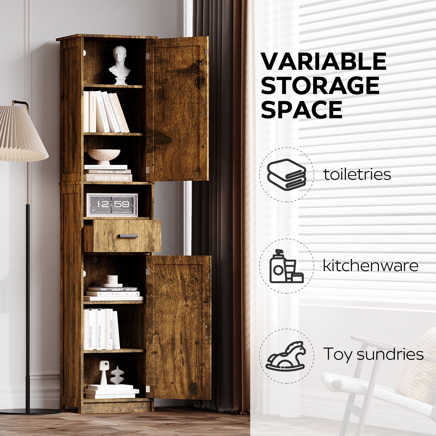 PORKISS Floor Storage Cabinet, Wood Pantry Cabinet with Doors and Drawer, Freestanding Narrow Bathroom Storage Organizer with Adjustable Shelves for Kitchen, Bathroom, Living Room, Vintage