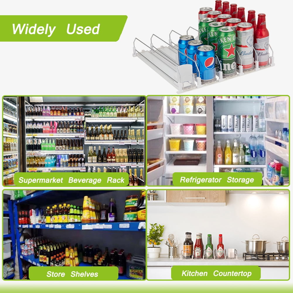 Hyindoor 5 Rows Drink Organizer for Fridge 16.14in Depth Automatic Pushing Soda Bottle Can Dispenser Adjustable Width (White)