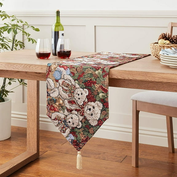 Decorative Christmas Teddy Bears Design Tapestry, 13" X 70" Table Runner