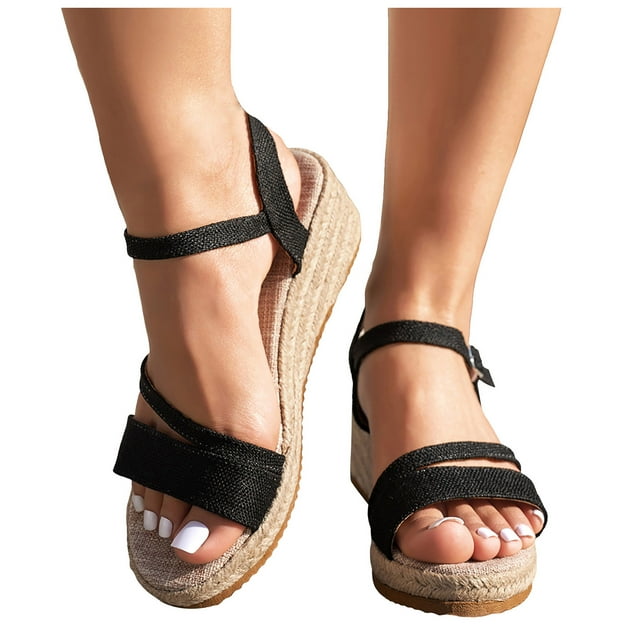 Women's Espadrilles Platform Wedge Sandals Beach Summer Linen Open Toe Ankle Strap Dress Sandals