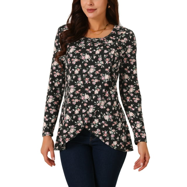 Camisetas Casual de Manga Larga con Cuello Redondo y Dobladillo Asimétrico Floral INSPIRE CHIC Negro S