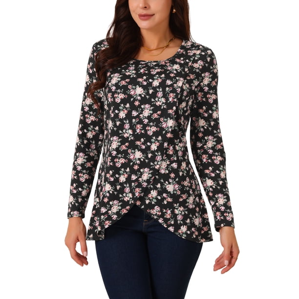 Camisetas Casual de Manga Larga con Cuello Redondo y Dobladillo Asimétrico Floral INSPIRE CHIC Negro S