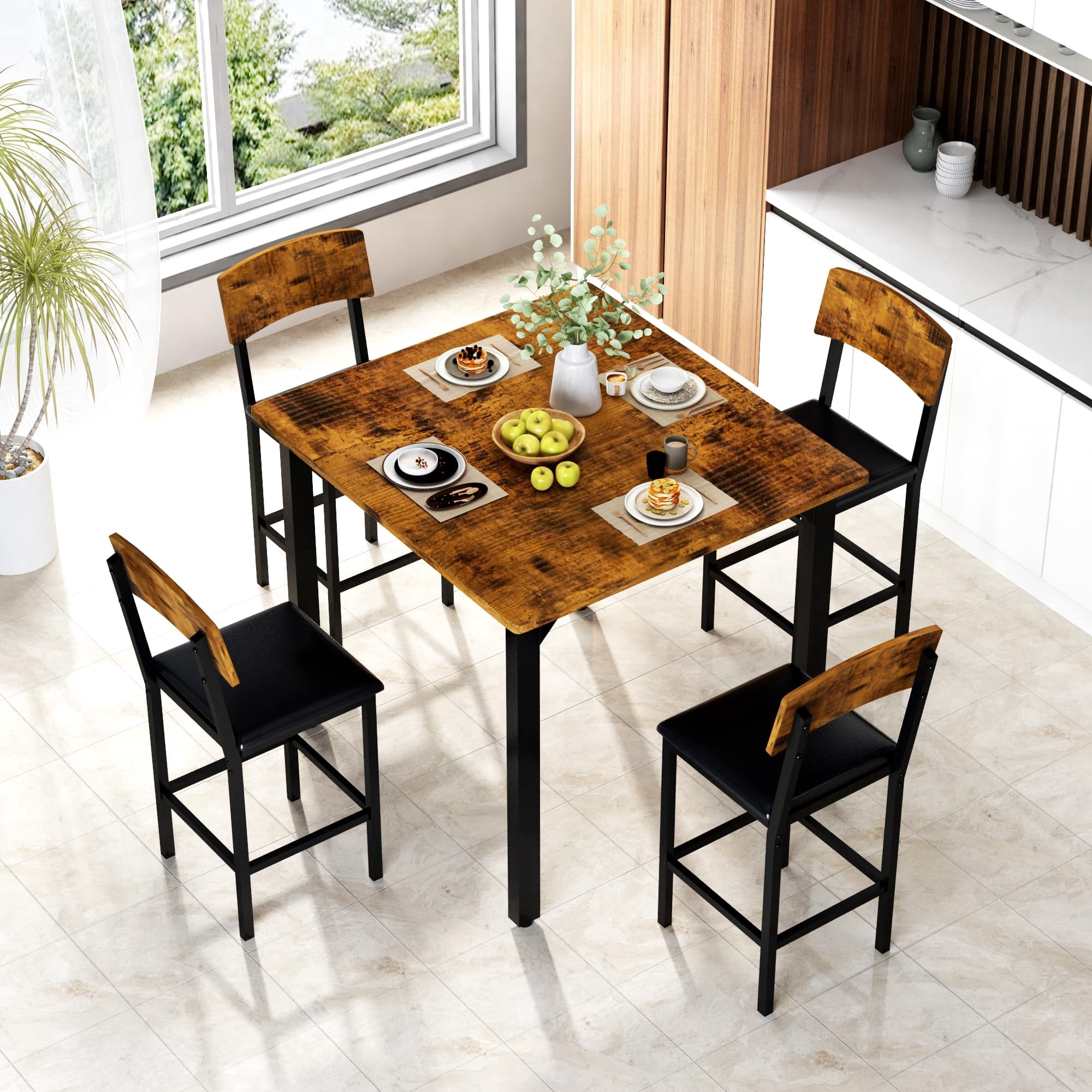 MIERES 4 Person Dining Table Set, Solid Wood Dining Table with 4 Upholstered Leather Chairs, Modern Kitchen Dining Room Dining Table Set for Small Spaces, Apartments, Kitchens, Dining Rooms. Brown