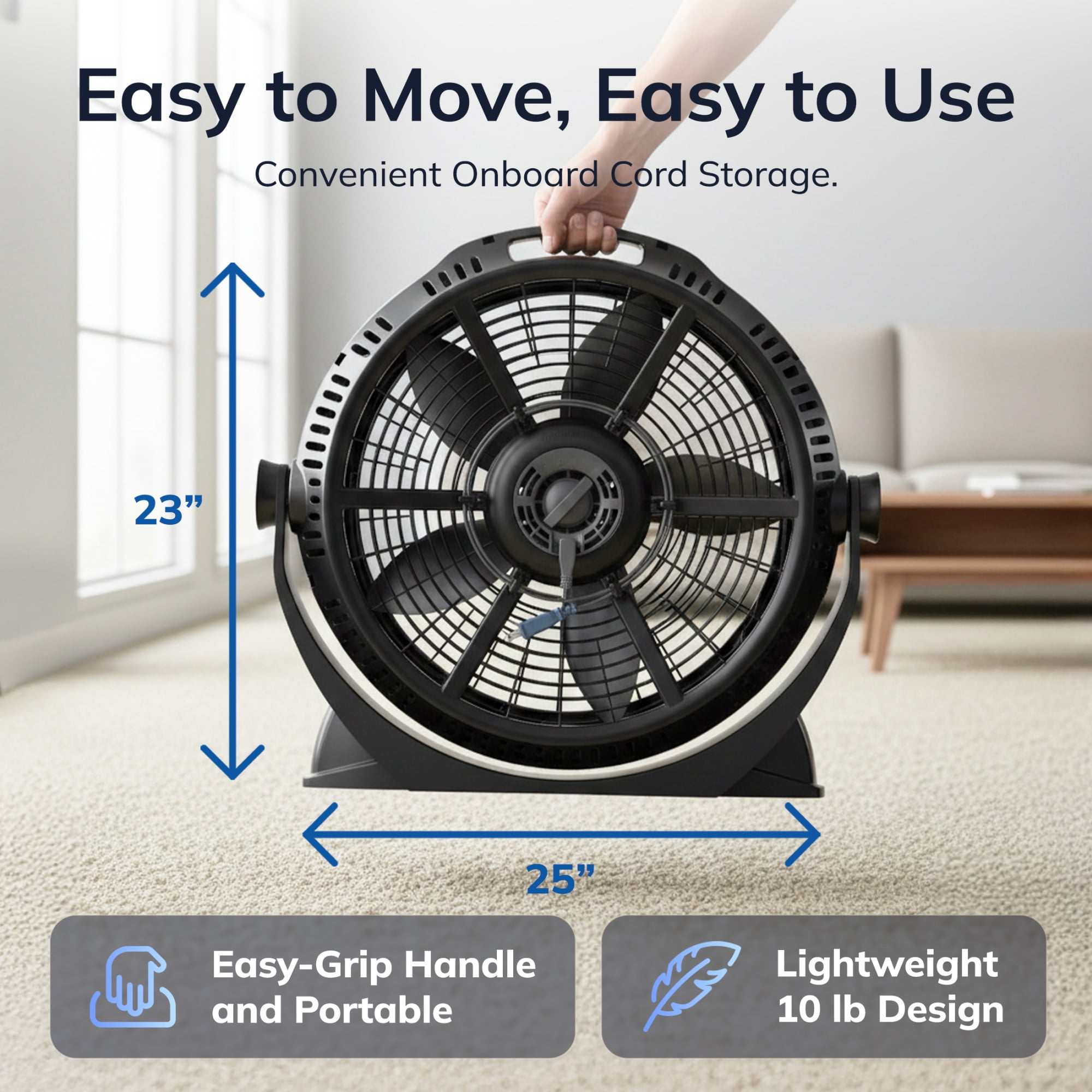 Lasko WindMachine 20" Large Floor Fan with Pivoting Head for Whole Room Cooling, Portable Indoor 3-Speed Air Circulator, Black, A20305