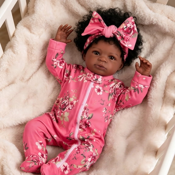 20 Inch Reborn Baby Doll Black Doll, Lifelike Baby Doll with Soft Cloth Body, Hand Rooted Curly Hair, Realistic African American Doll Toy for Kids Age 3