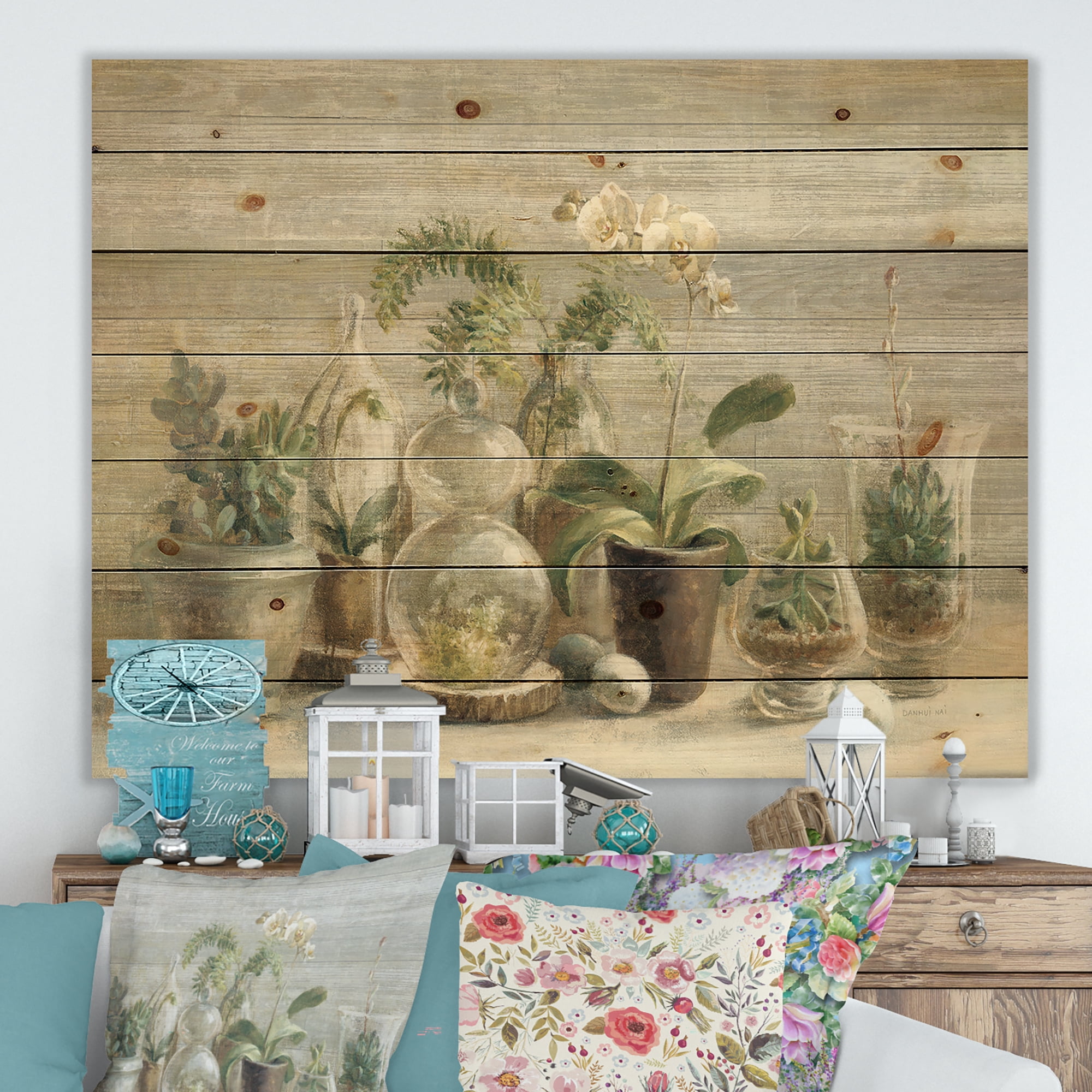 Designart 'Composition of Orchids In Flower Pots' Traditional Print on Natural Pine Wood