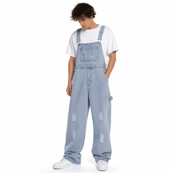 Men's Light Blue Denim Bib Overalls, Distressed Ripped Loose Fit Streetwear Overalls, Adjustable Straps, Standard Sizes 30-40 & Plus Sizes 1XL-6XL for Big & Tall Men