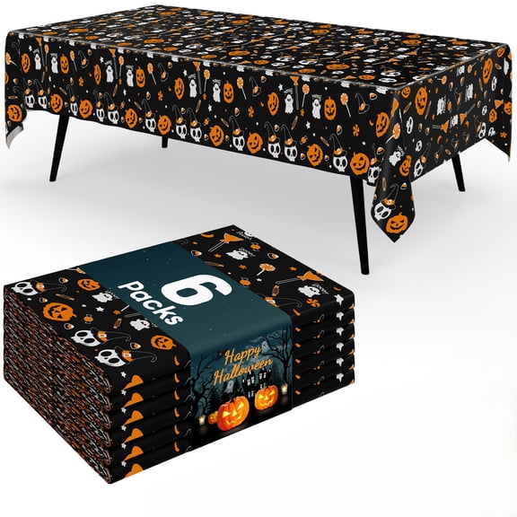 decorUhome Disposable Halloween Tablecloth - 6 Pack, 54 x 108 inch Decorative Rectangular Table Cover, Waterproof Plastic Tablecloth, Black & Silver