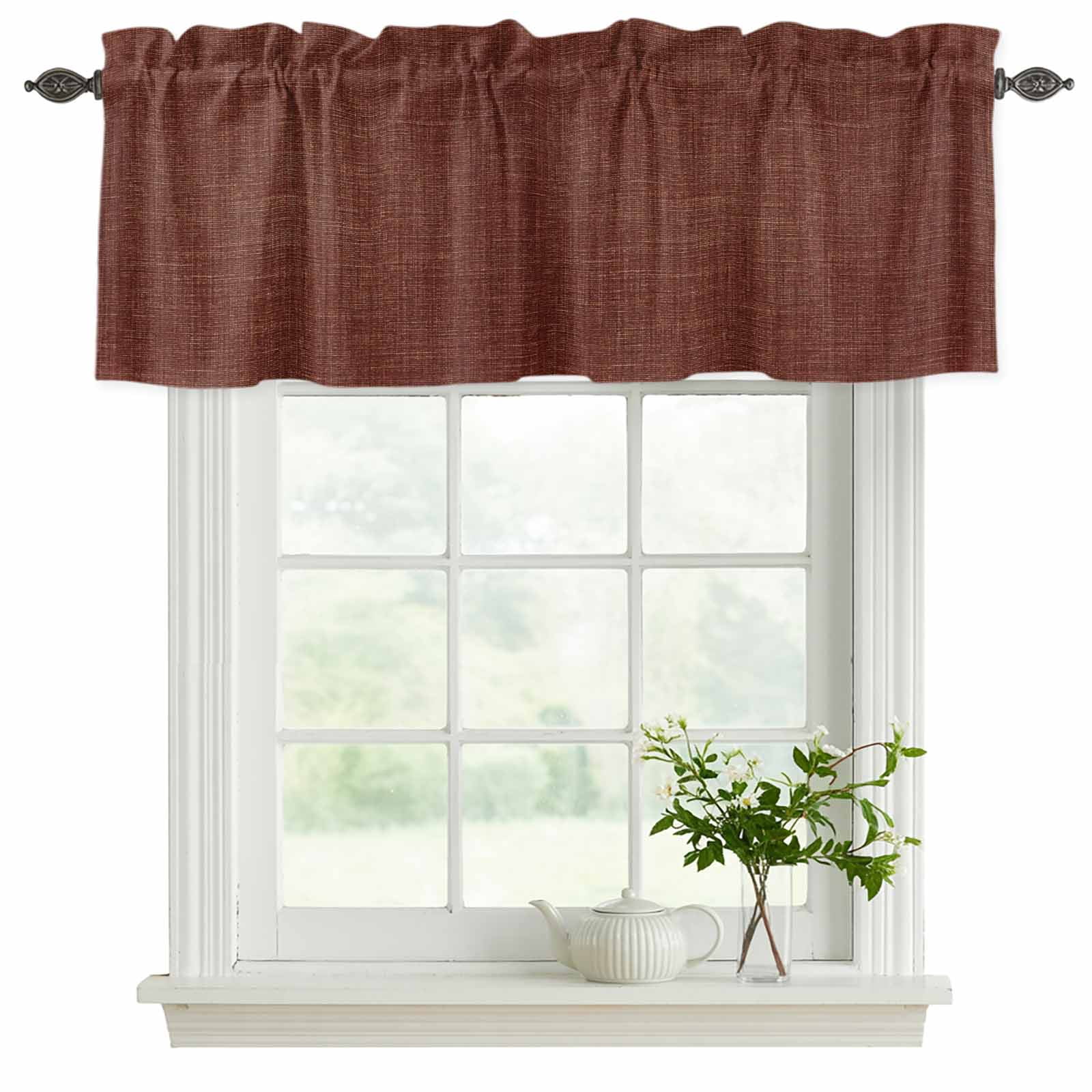 2 Panels Dark Brown Valance for Windows, Farmhouse Burlap Solid Brown Modern Linen Texture Light Filtering Kitchen Curtains, Rod Pocket Window Treatment Curtain Valances for Living Room, 42"x18"