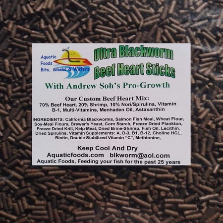 Aquatic Foods Pro-GRO Enhanced Blackworm/Beef Heart Mix Sinking Sticks for increasing Growth in Discus, Cichlids, All Tropical Fish - 2-lb