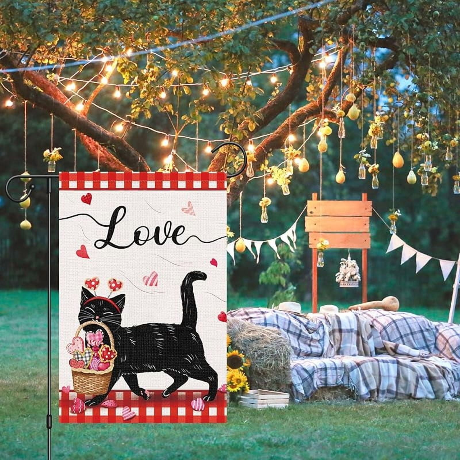 Valentines Day Garden Flag Double Sided, Small Burlap Welcome Black Cat Spring Garden Yard Flags Love Heart for Anniversary Wedding Valentines House Outdoor Decor (ONLY FLAG)