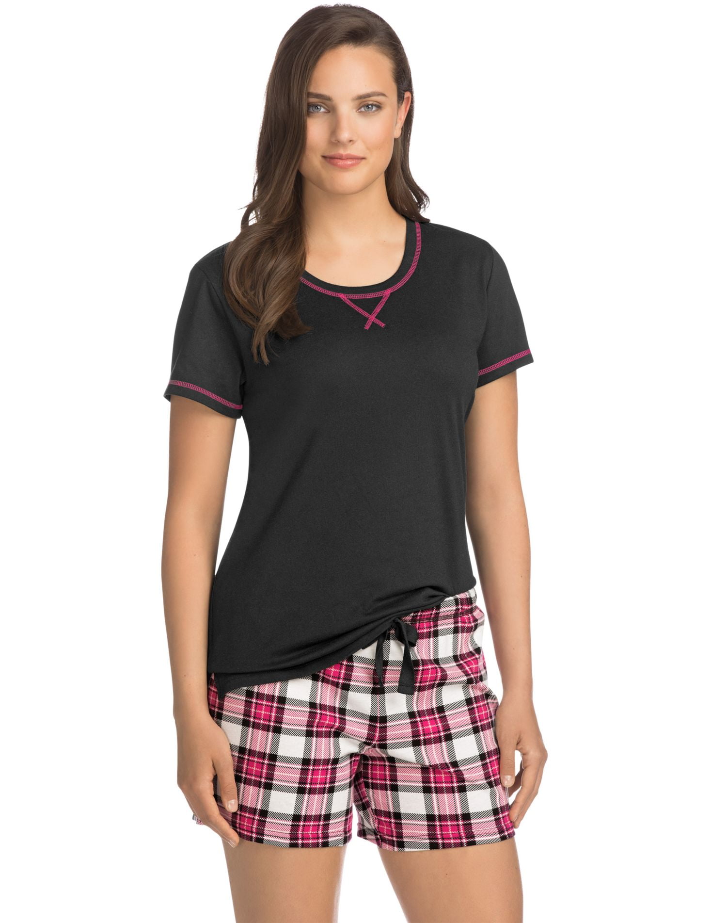 Hanes Womens Knit Tee/Shorts Sleep Set, M, Black/Plaid