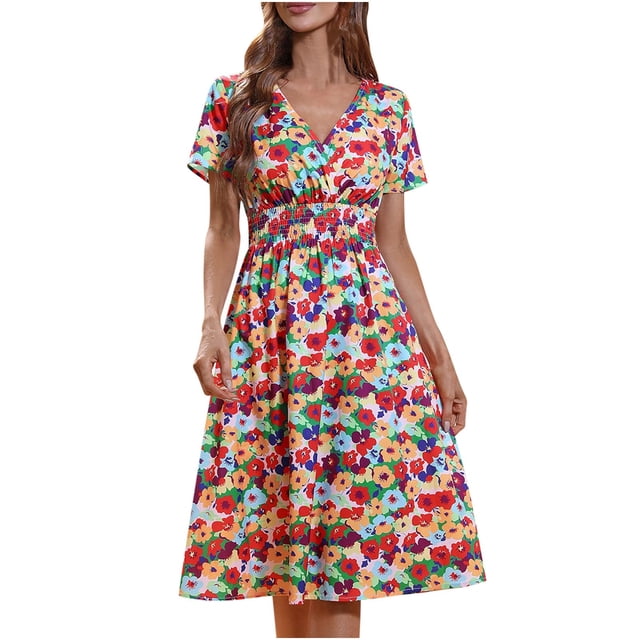 Grrvtrz 2025 Robe d'Été à Manches Courtes Col en V pour Femmes Robe Évasée Ligne A Fluide Plage Vacances Sortie Mode Imprimé