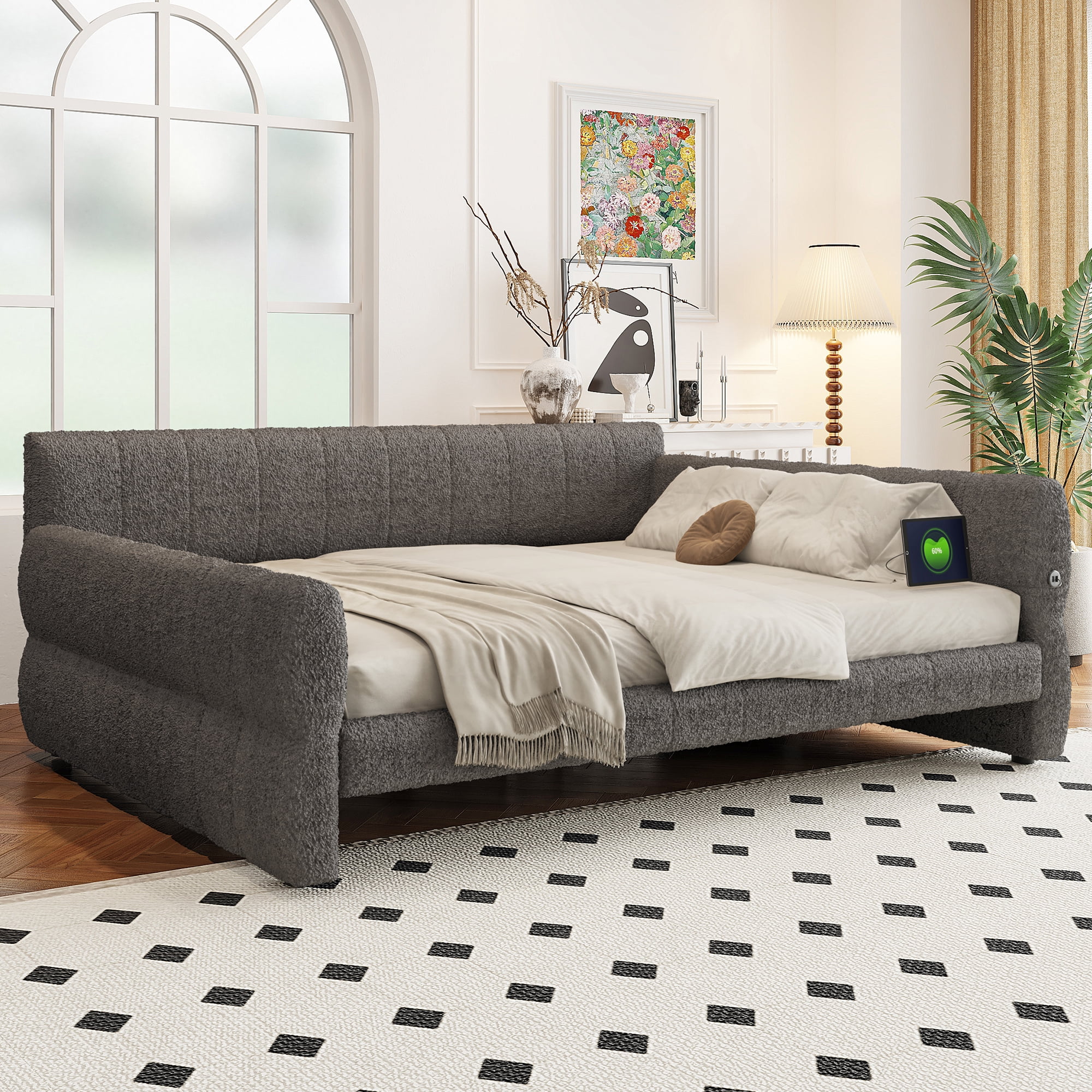 Euroco Upholstered King Size Platform Bed with USB Ports, Gray