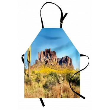 Saguaro Apron Blooming Brittlebush Superstition Wilderness by the Mountain Phoenix View, Unisex Kitchen Bib Apron with Adjustable Neck for Cooking Baking Gardening, Orange and Brown, by Ambesonne