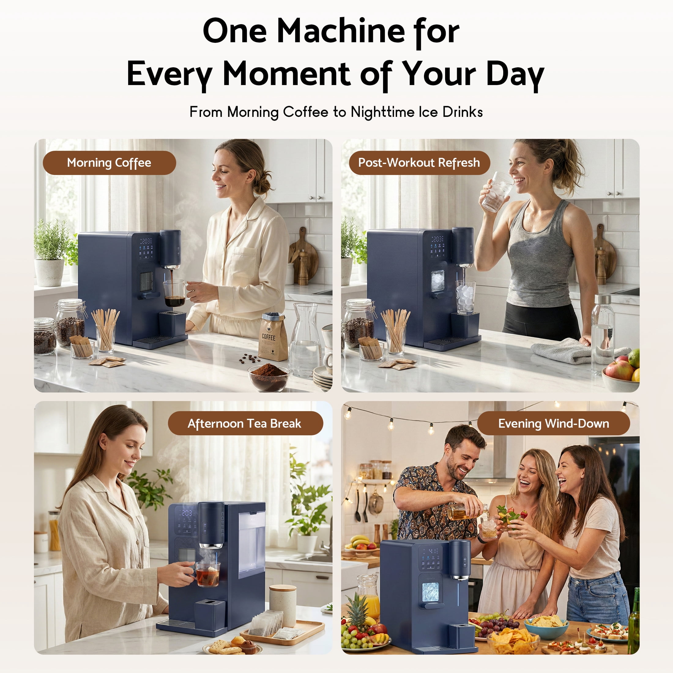 Flamemore 3-in-1 Countertop Water Dispenser with Ice Maker, Drip Coffee Maker, Hot/Cold Water & Bullet Ice, Self-Cleaning, UV Sterilization