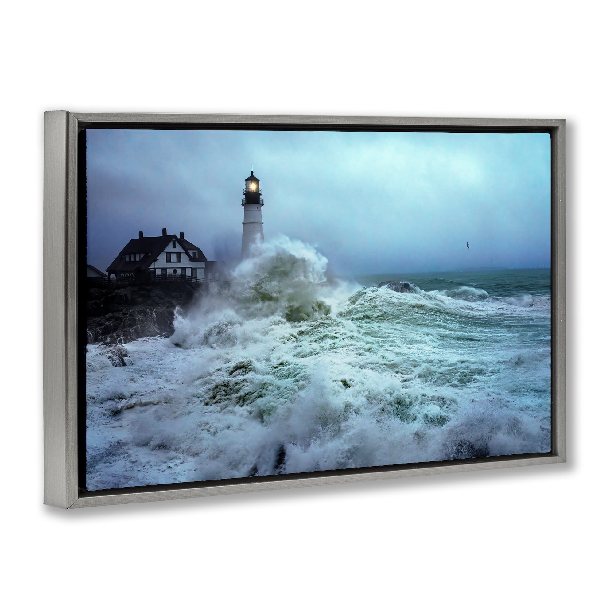 Stupell Industries Tall Splashing Waves Lighthouse Nautical & Beach Photography Gray Floater Framed Canvas Art Print Wall Art, 25 x 17