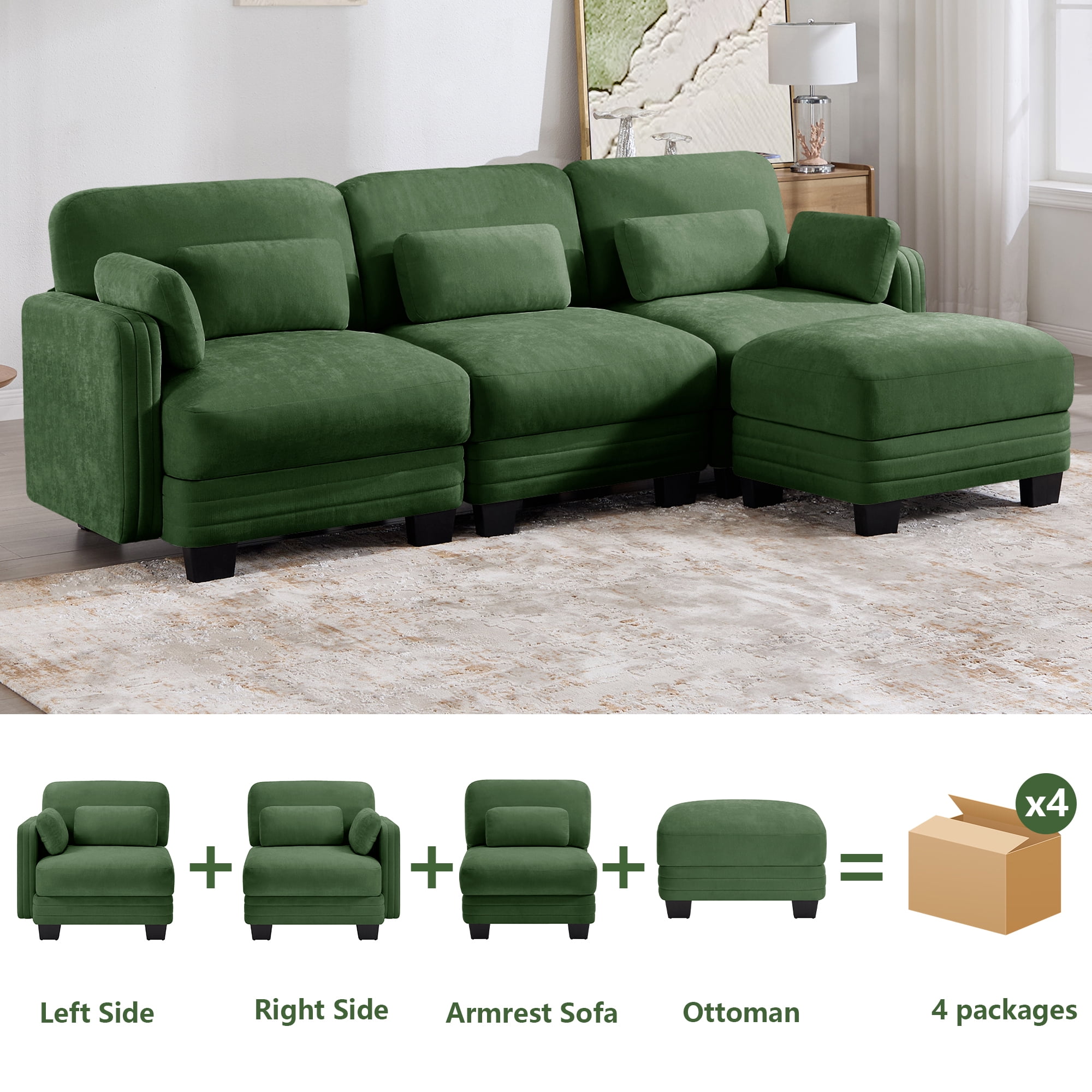 100" L Shape Modern Modular Sectional 3 Seater Sofa Couch with Movable Ottoman and 5 Pillows