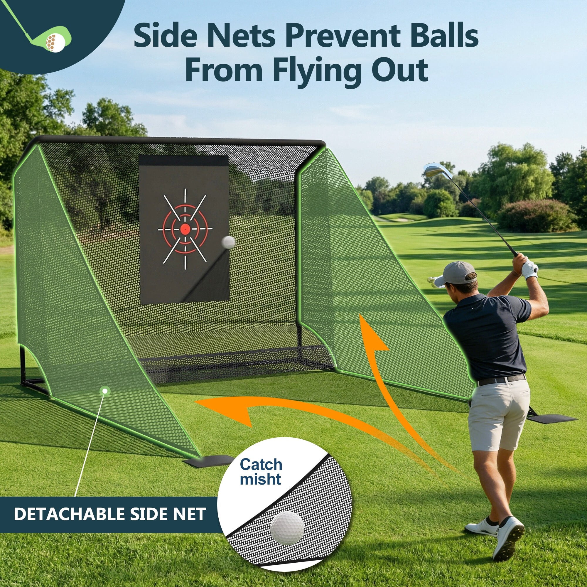 AENKYO 10x7ft Golf Practice Net w/ Auto Ball Return, Hitting Net w/ Side Barriers, Portable Backyard Golf Cage