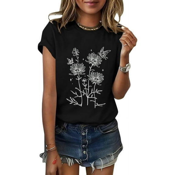 ORANDESIGNE Women's Sunflower Butterfly Print T Shirts Graphic Short Sleeve Tees Casual Crewneck Tops