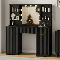 GIKPAL Fluted Makeup Vanity Table with Mirror and Lights, Modern Vanity Desk with Glass Top, 3 Drawers, 2 Large Cabinets & Charging Station, Black Vanity Set for Bedroom, Women & Girls