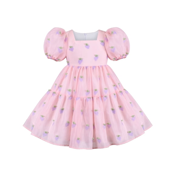 Girls Dress Pink Embroidery Square Neck Lantern Puff Short Sleeve 5 Years