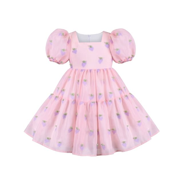 Robe Fille Broderie Rose Col Carré Manches Courtes Bouffantes 10 Ans